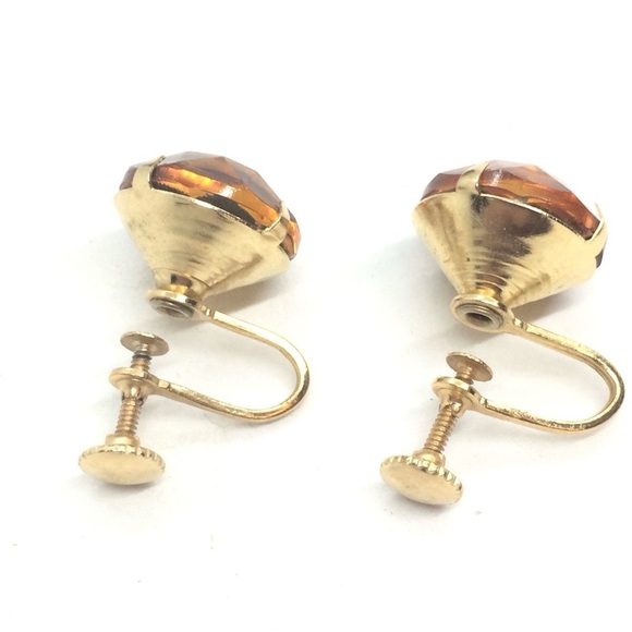 3/$30 VINTAGE AMBER COLOR GLASS SCREWBACK EARRINGS GOLD TONE CLIP RHINESTONE - Picture 12 of 16